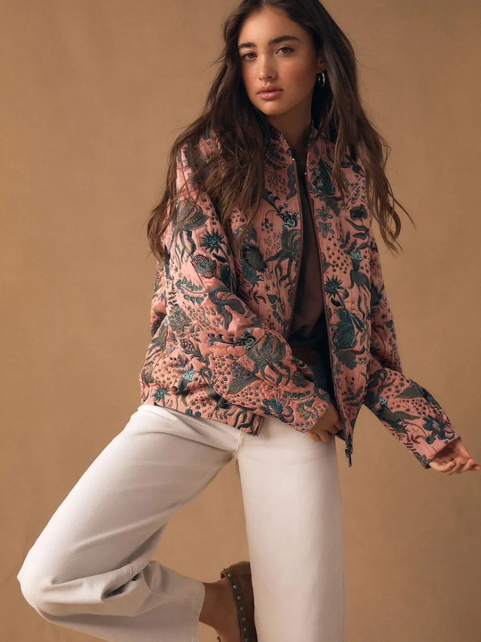 Pink Floral Jacquard Bomber Jacket