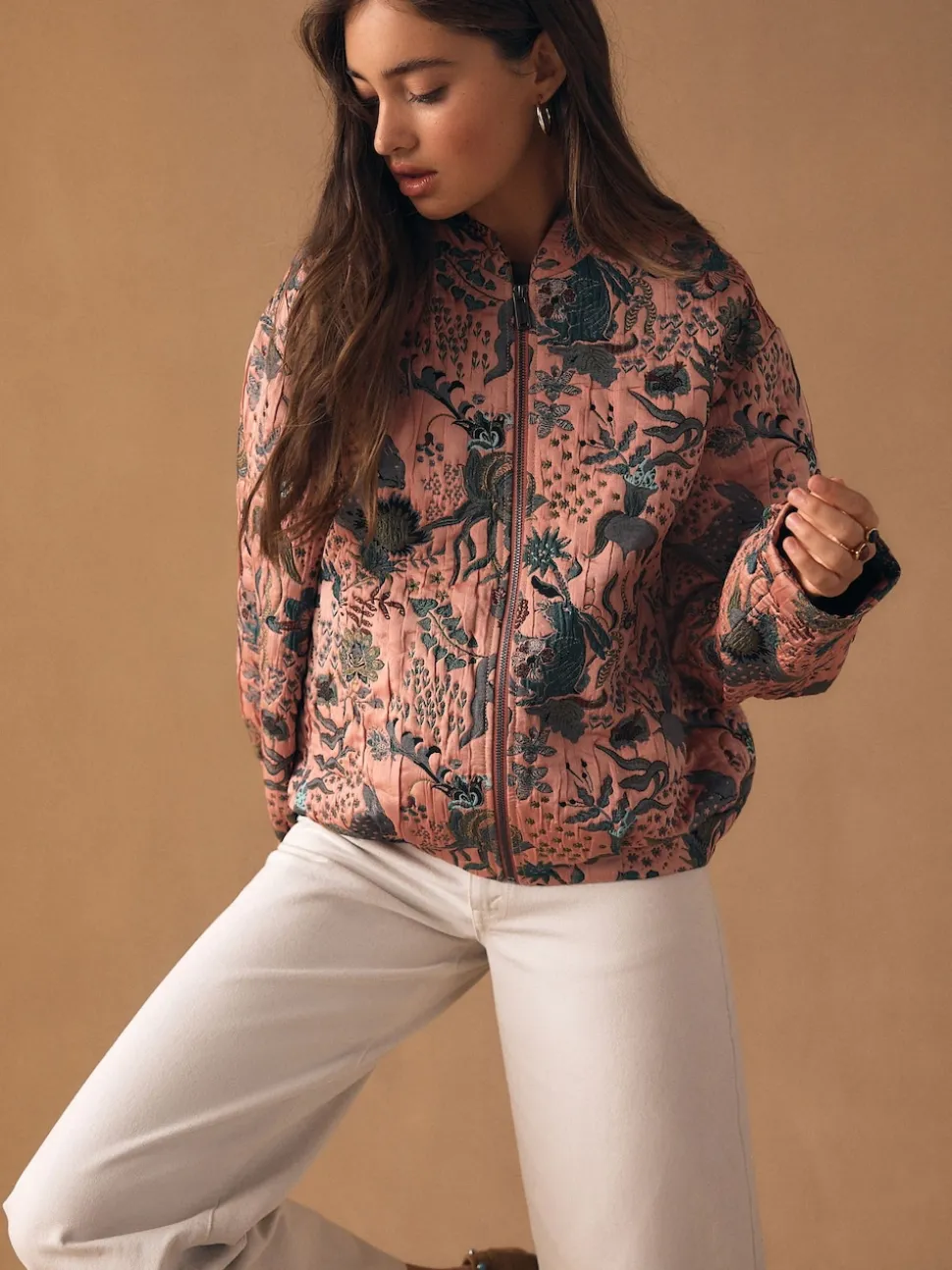 Pink Floral Jacquard Bomber Jacket