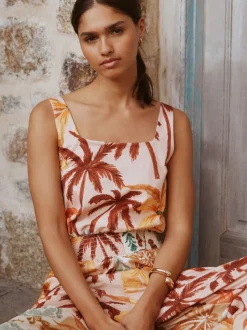 Pink Floral Patch Print Square Neck Wide Leg Jersey Jumpsuit