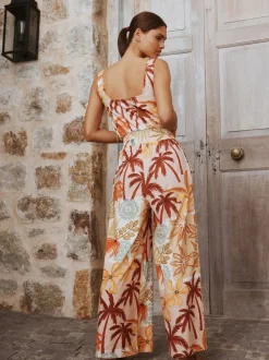 Pink Floral Patch Print Square Neck Wide Leg Jersey Jumpsuit