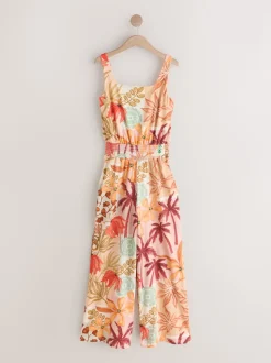 Pink Floral Patch Print Square Neck Wide Leg Jersey Jumpsuit
