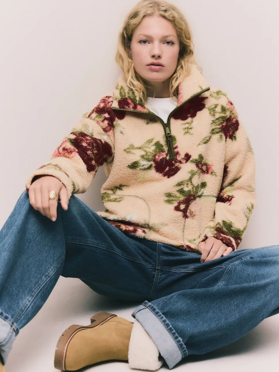 Pink Floral Print Soft Touch Cosy Teddy Borg Quarter Zip Fleece