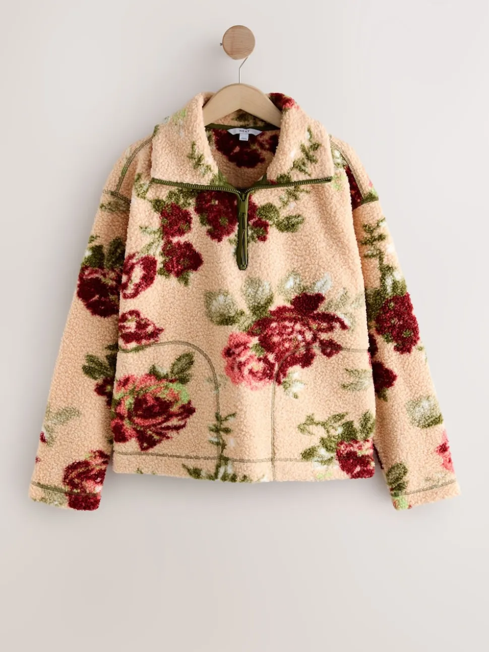 Pink Floral Print Soft Touch Cosy Teddy Borg Quarter Zip Fleece
