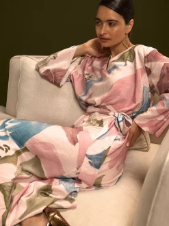 Pink Floral Print V-Neck 3/4 Length Sleeve Maxi Kaftan Dress