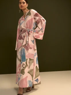 Pink Floral Print V-Neck 3/4 Length Sleeve Maxi Kaftan Dress