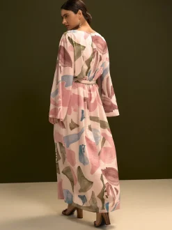Pink Floral Print V-Neck 3/4 Length Sleeve Maxi Kaftan Dress