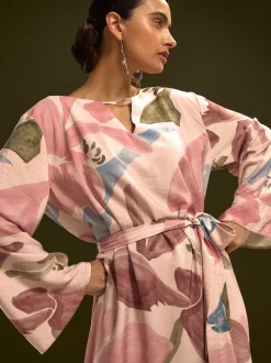 Pink Floral Print V-Neck 3/4 Length Sleeve Maxi Kaftan Dress
