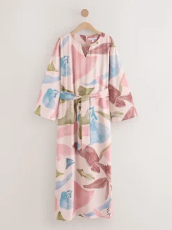 Pink Floral Print V-Neck 3/4 Length Sleeve Maxi Kaftan Dress