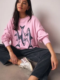Pink Graphic Beaded Fish Graphic Sweatshirt
