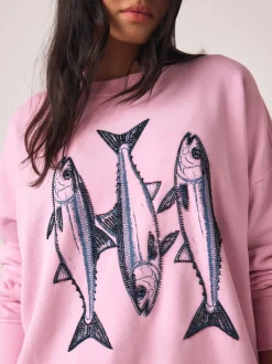 Pink Graphic Beaded Fish Graphic Sweatshirt