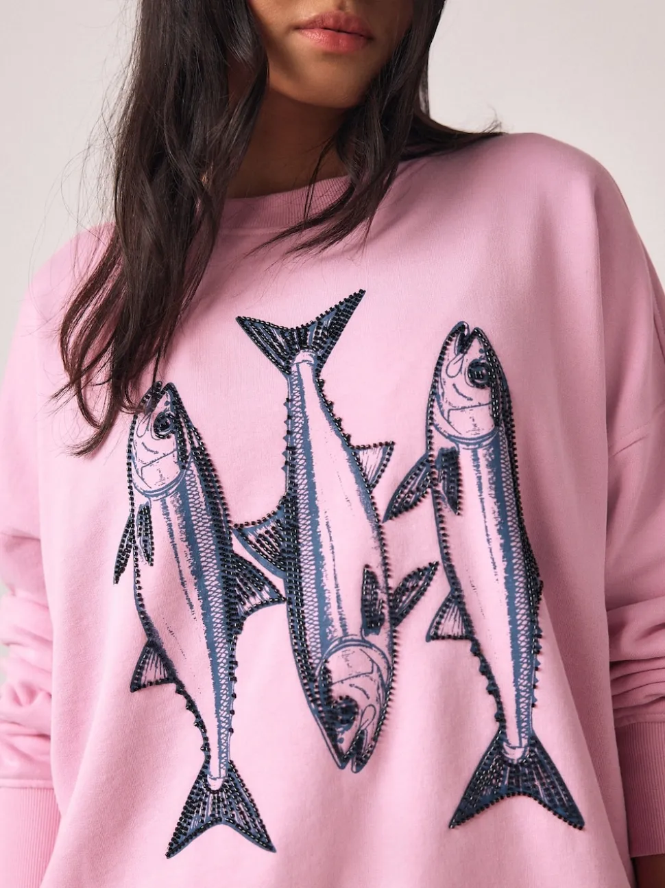 Pink Graphic Beaded Fish Graphic Sweatshirt