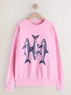 Pink Graphic Beaded Fish Graphic Sweatshirt