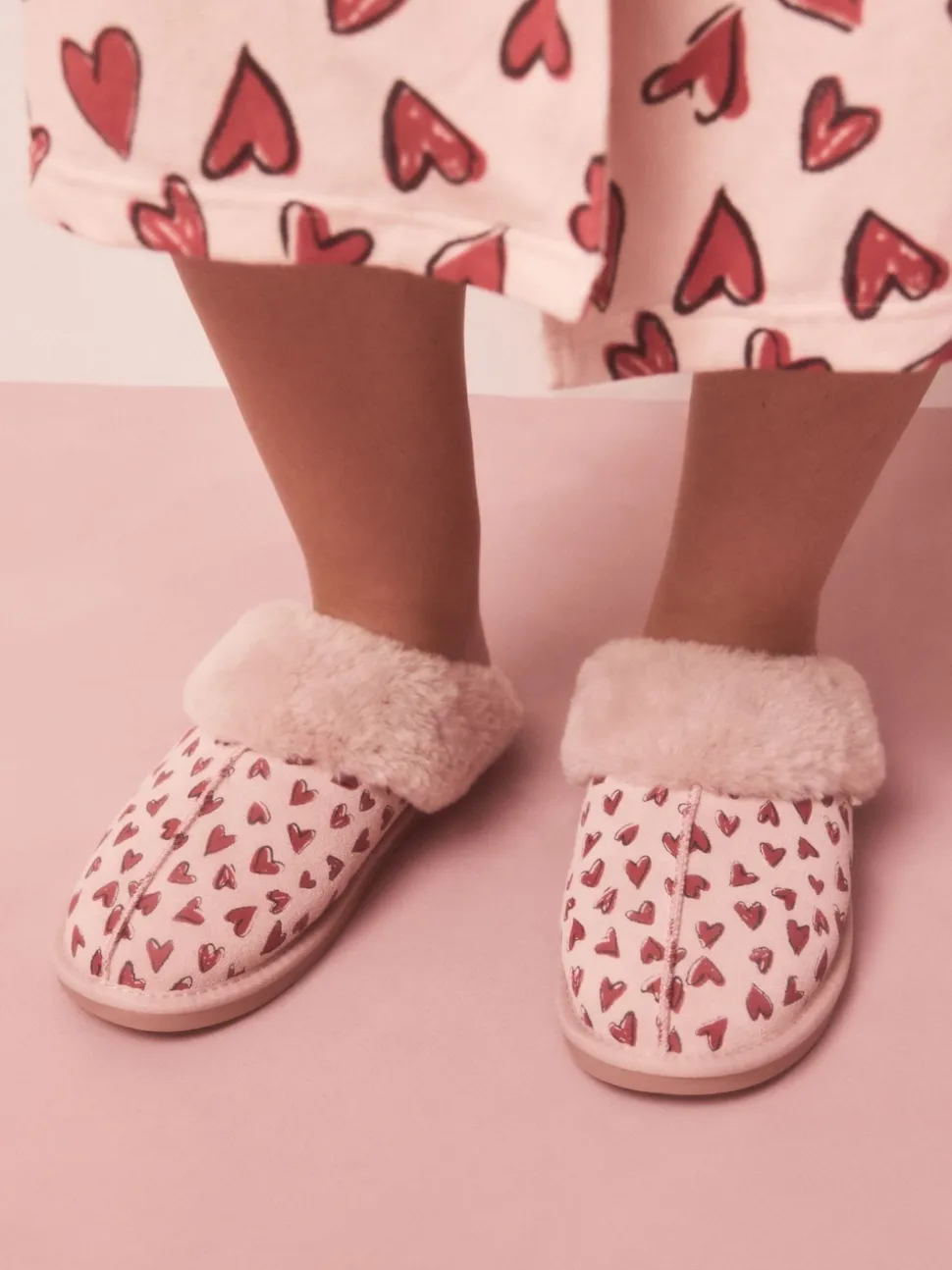 Pink Heart Faux Fur Lined Suede Mule Slippers