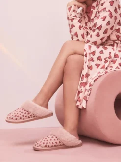 Pink Heart Faux Fur Lined Suede Mule Slippers
