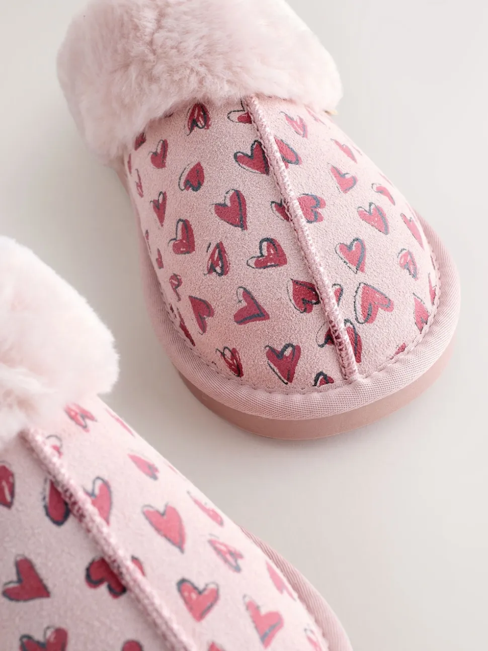 Pink Heart Faux Fur Lined Suede Mule Slippers