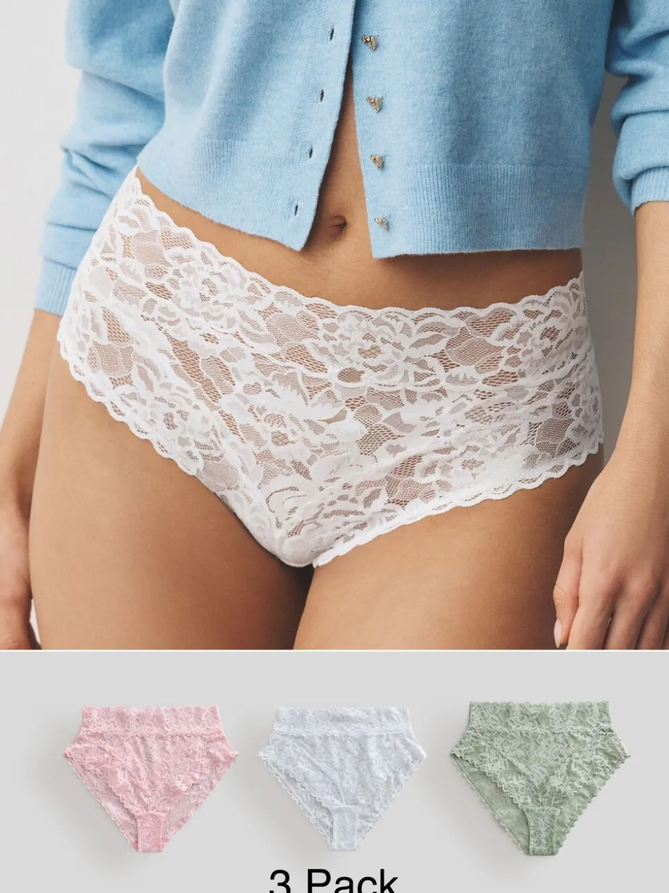Pink High Waist High Leg All Over Lace Knickers 3 Pack