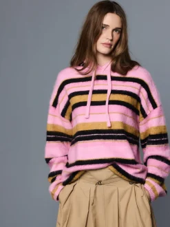 Pink Multi Stripe Brushed Knit Hooded Jumper
