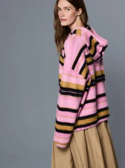 Pink Multi Stripe Brushed Knit Hooded Jumper