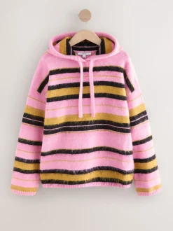 Pink Multi Stripe Brushed Knit Hooded Jumper
