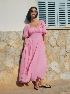 Pink Puff Sleeve Midi Dress