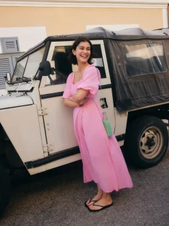 Pink Puff Sleeve Midi Dress