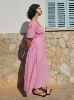 Pink Puff Sleeve Midi Dress