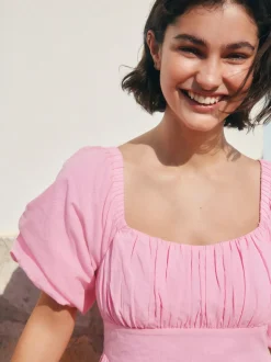 Pink Puff Sleeve Midi Dress