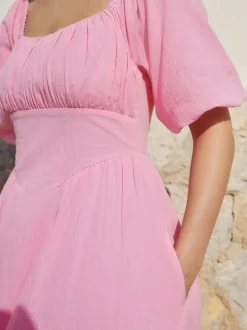 Pink Puff Sleeve Midi Dress