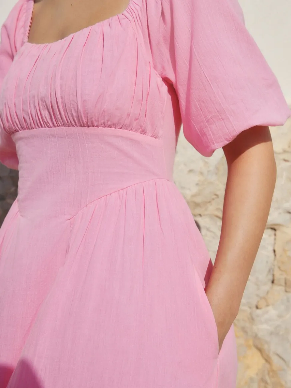 Pink Puff Sleeve Midi Dress
