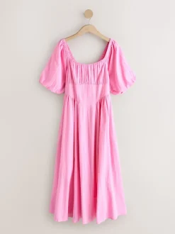 Pink Puff Sleeve Midi Dress