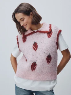 Pink Strawberry Sleeveless Knitted Tank Top With Wool
