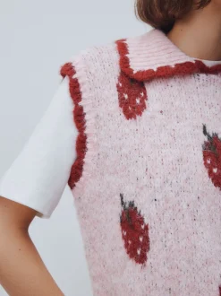 Pink Strawberry Sleeveless Knitted Tank Top With Wool