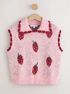 Pink Strawberry Sleeveless Knitted Tank Top With Wool