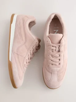 Pink Suede Leather Stitch Panel Detail Lace Up Trainers