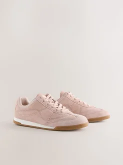 Pink Suede Leather Stitch Panel Detail Lace Up Trainers