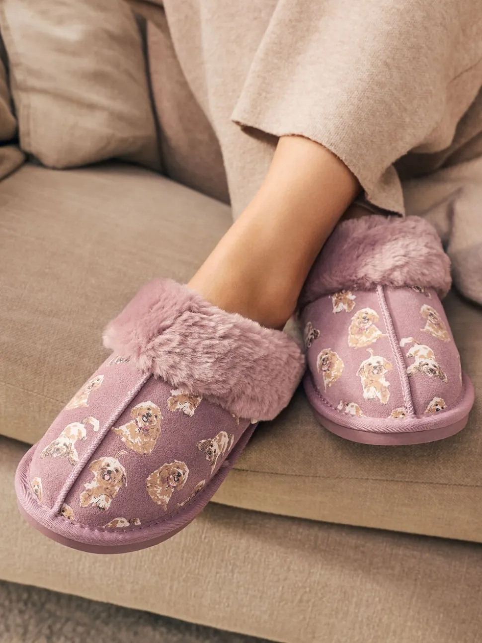 Pink Suede Mule Charlie Cockapoo Faux Fur Slippers