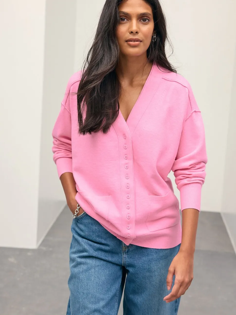 Pink Supersoft V-Neck Cardigan With Pockets