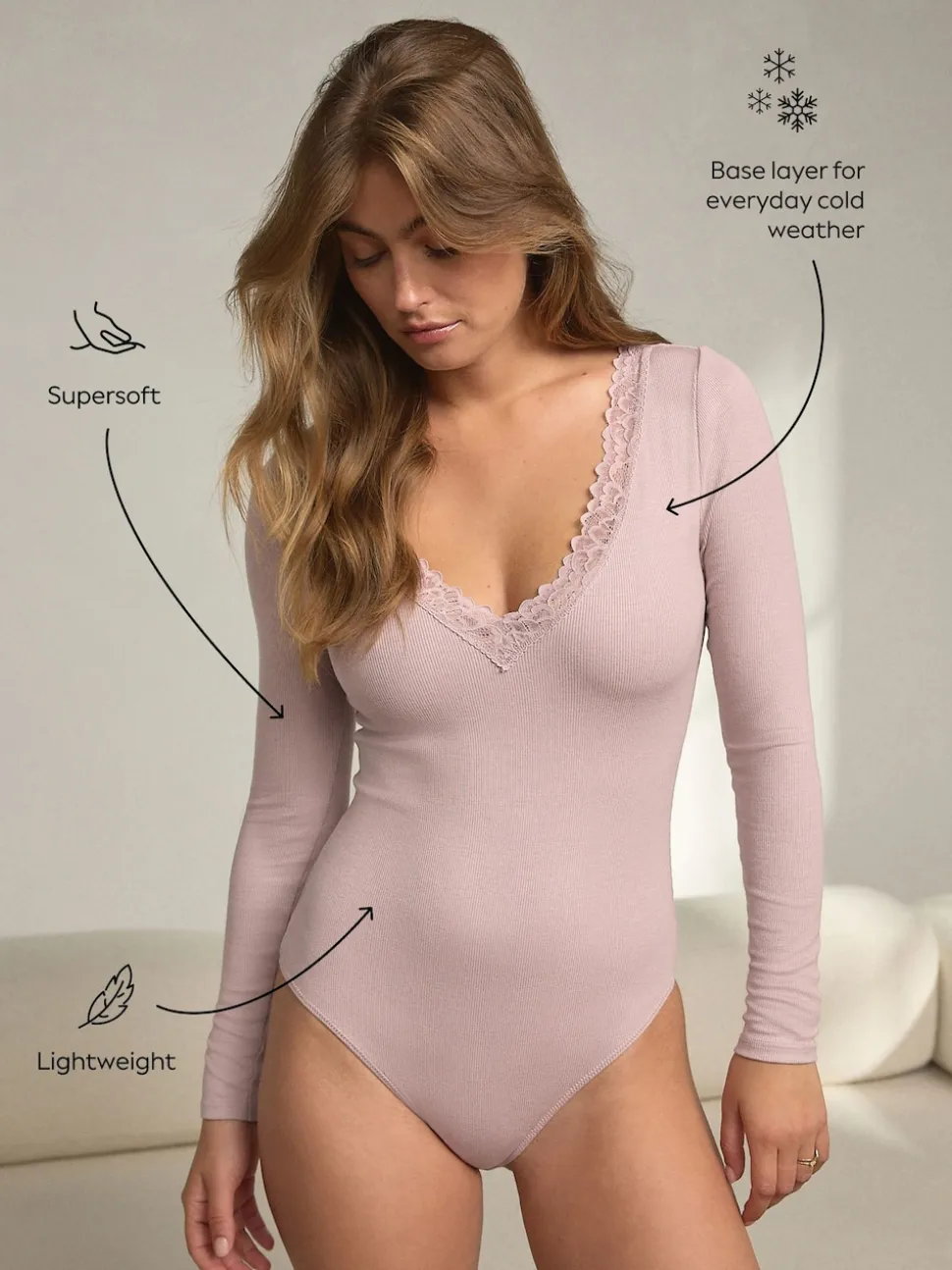 Pink Thermal Base Layer Lace Trim Bodysuit