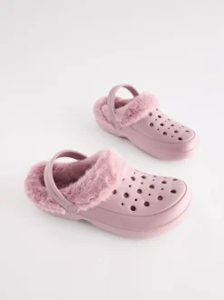 Pink Womens Faux Fur Lined Clogs Slippers