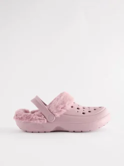 Pink Womens Faux Fur Lined Clogs Slippers
