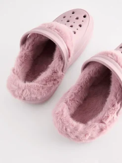 Pink Womens Faux Fur Lined Clogs Slippers
