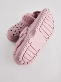 Pink Womens Faux Fur Lined Clogs Slippers