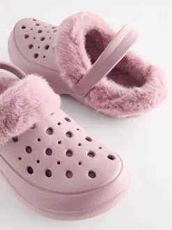 Pink Womens Faux Fur Lined Clogs Slippers