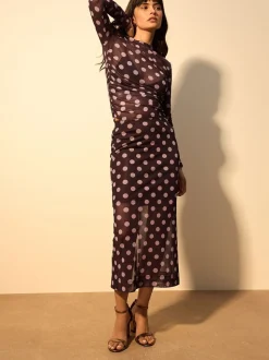 Pink/Brown Polka Dot Mesh Midi Pencil Skirt
