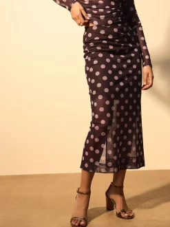 Pink/Brown Polka Dot Mesh Midi Pencil Skirt