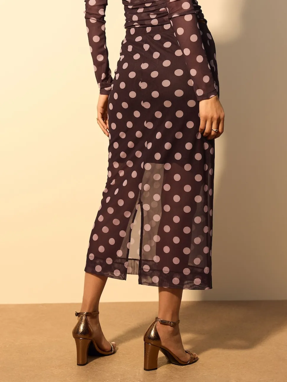 Pink/Brown Polka Dot Mesh Midi Pencil Skirt