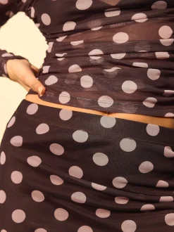 Pink/Brown Polka Dot Mesh Midi Pencil Skirt
