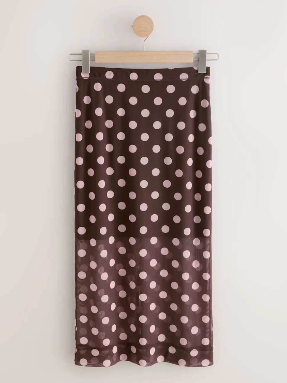 Pink/Brown Polka Dot Mesh Midi Pencil Skirt