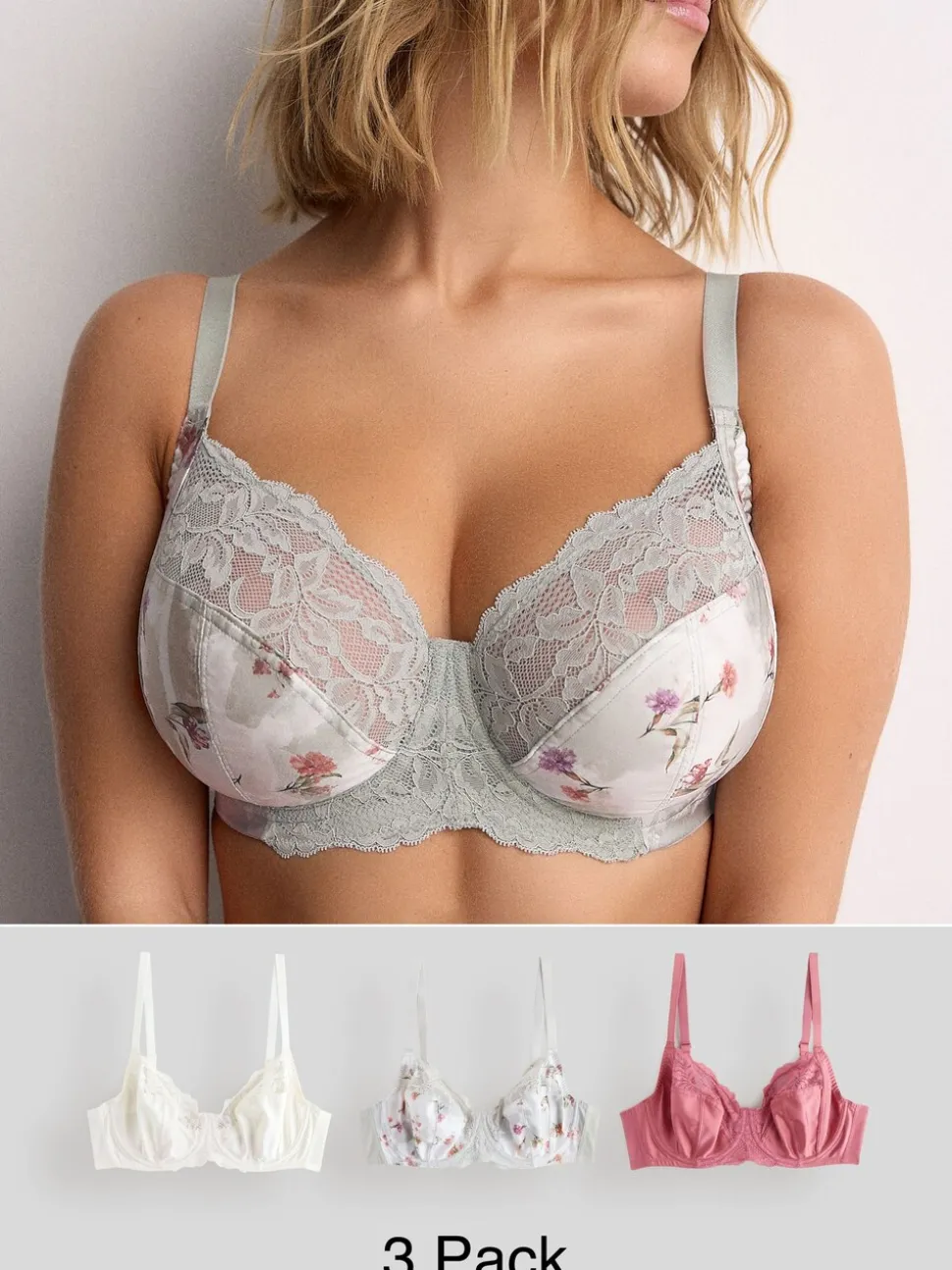 Pink/Cream/Green Floral DD+ Non Pad Full Cup Bras 3 Pack