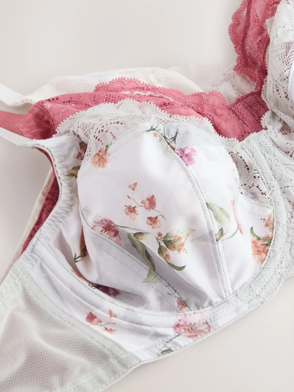 Pink/Cream/Green Floral DD+ Non Pad Full Cup Bras 3 Pack